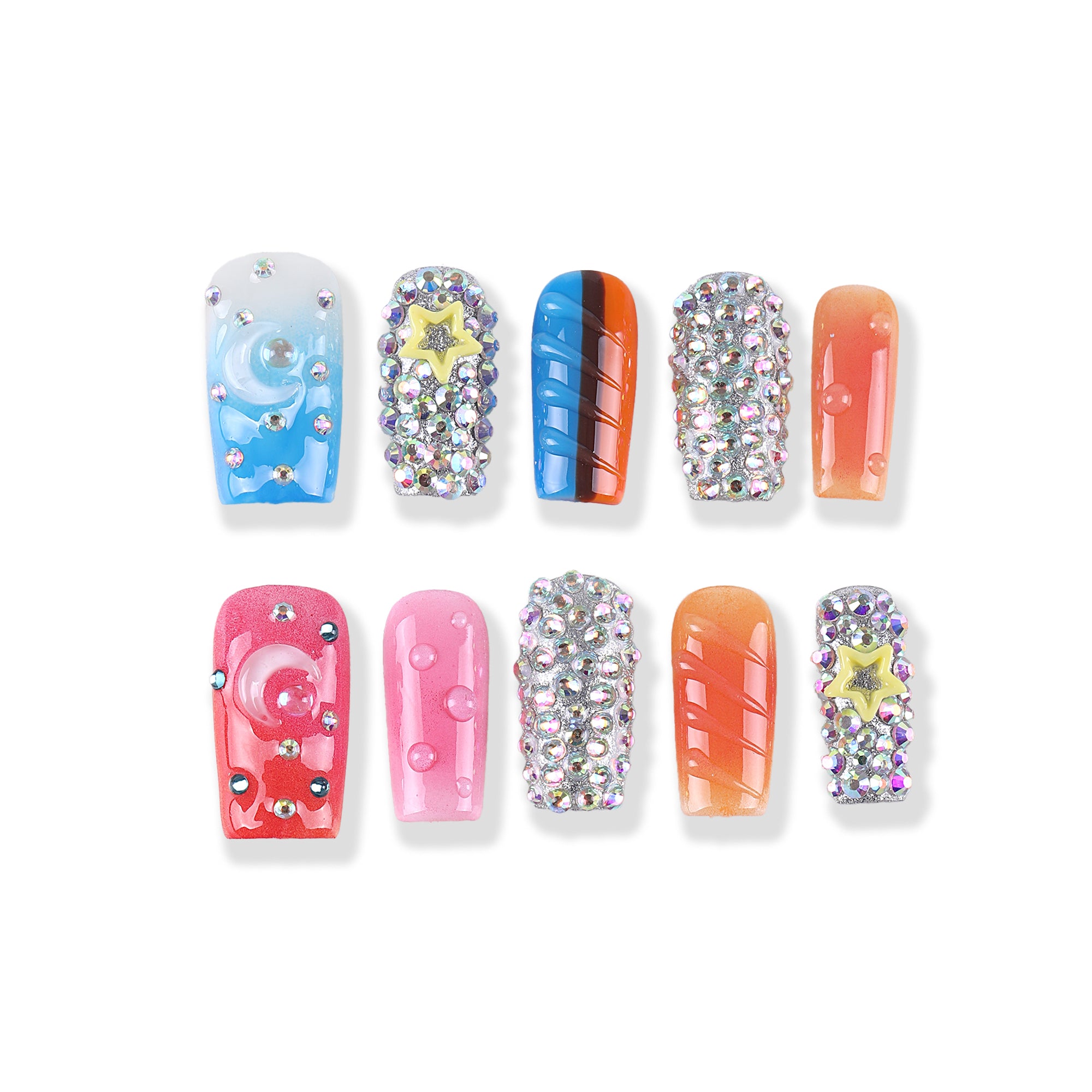 Starry Moon Candy Gradient × Full Rhinestone Medium Square Design Press On Nail