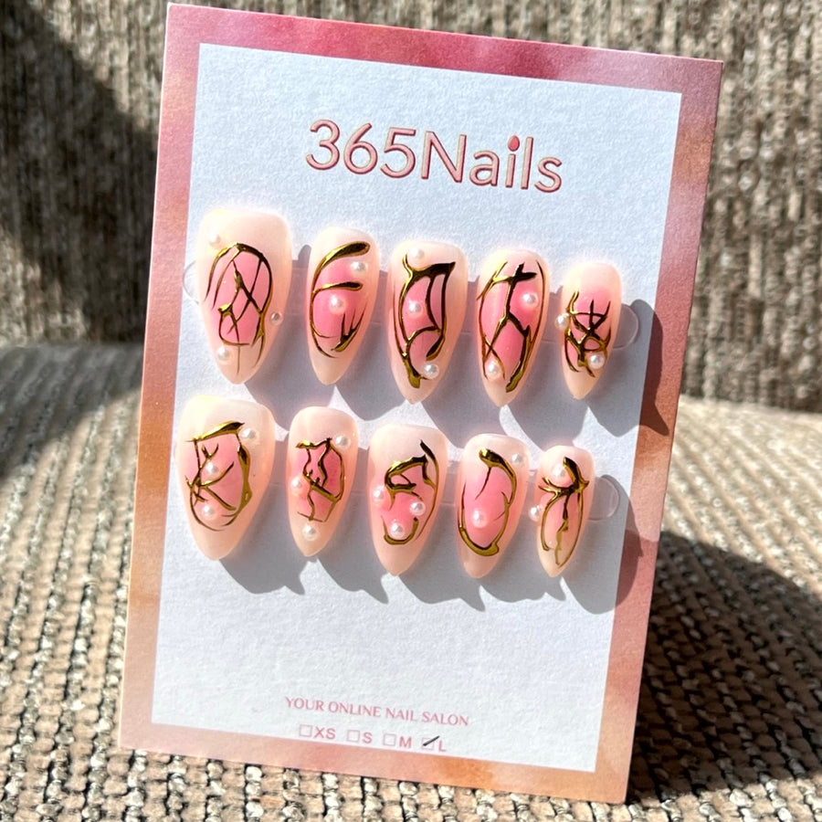 365nails: "Gilded Bloom" – Hand-Painted Floral Line Art Handmade Almond Nails