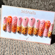 365nails: 사막의 꽃 – 3D 나비 장식 & 레오파드 프린트 수제 롱 코핀형 프레스온 네일