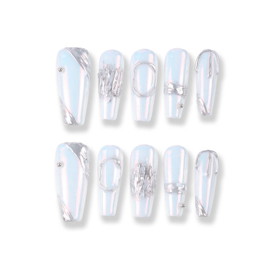 365Nails Moonlight Chrome Press-On Nails in Iridescent Pearl White with Molten Silver Accents