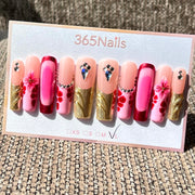 365nails: "Jardim Carmesim" – Unhas Longas Amêndoas Feitas à Mão, Florais 3D e Metálicas