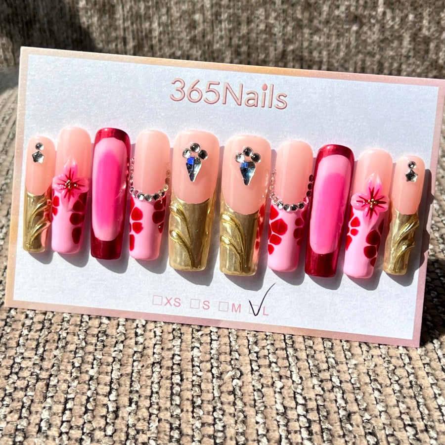 365nails: "Crimson Garden" – 3D Floral & Metallic Handmade Long Almond Nails