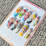 Handmade "Enchanted Forest" Mixed Media Press-on Nails | 3D Mushroom, Butterfly & Floral | Long Coffin | 10pcs Set