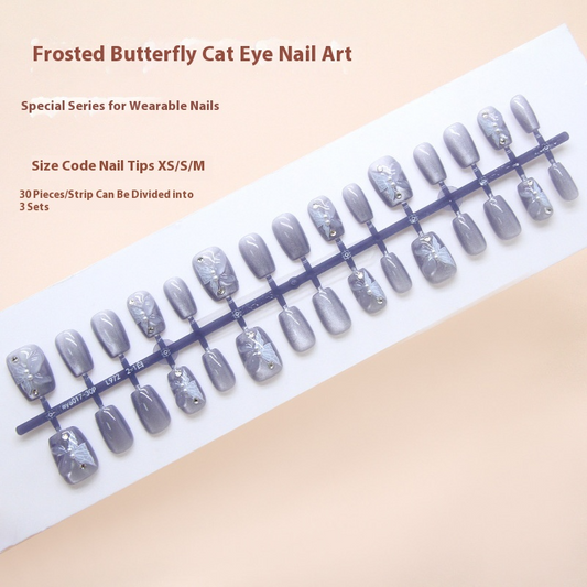 Nail Tips  prefabricated nail mist blue three-dimensional butterfly cat eye flash gentle and cold diamond manicure 30 pieces｜365nails
