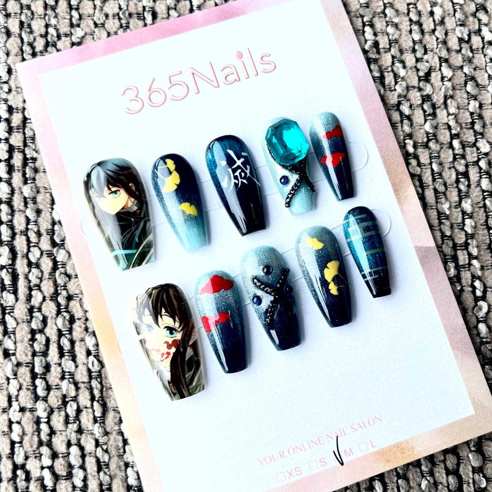 365nails: "Demon Slayer Mitsuri Kanroji" – Unhas Postiças Artesanais Formato Trapézio Curto