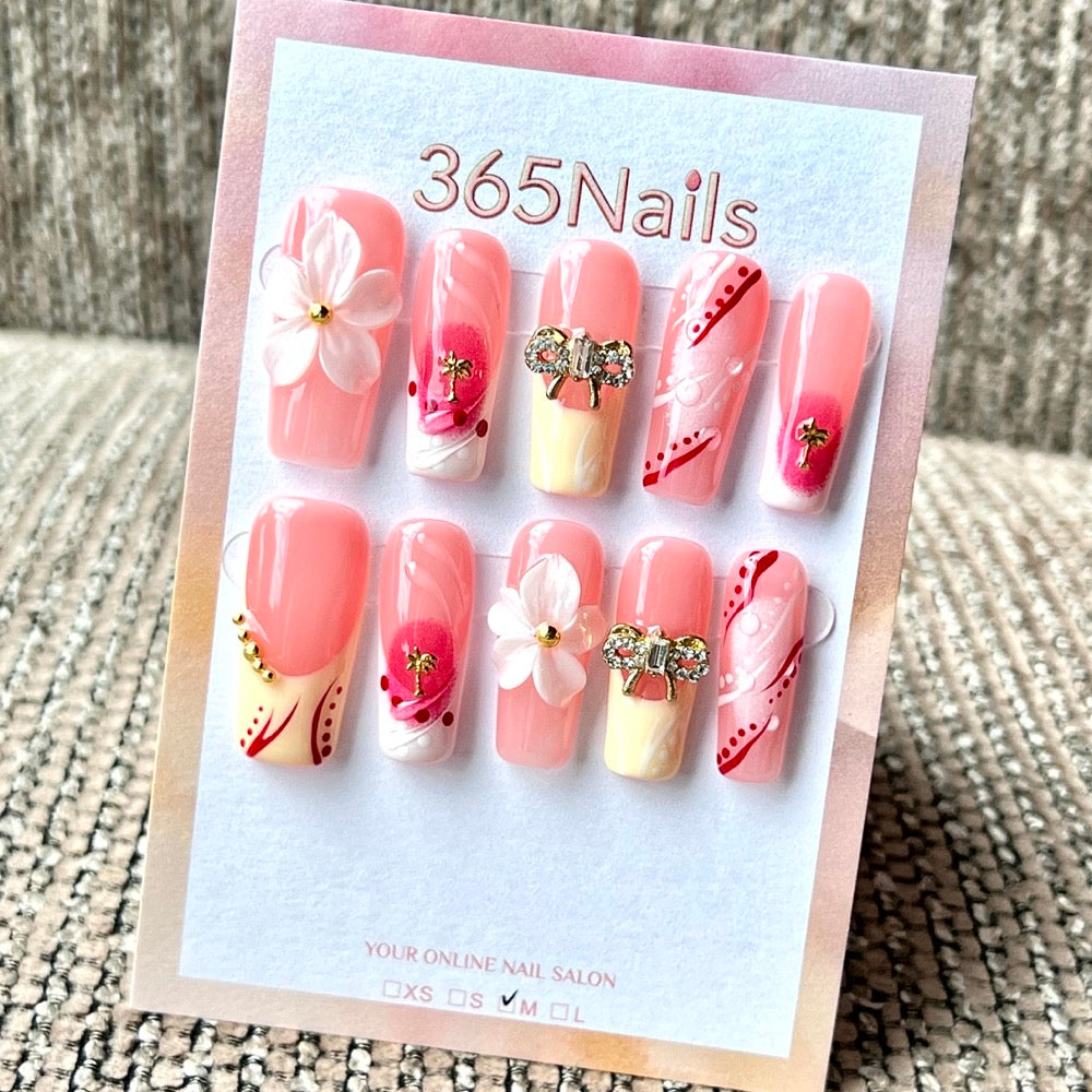 365nails: "Blush Petal & Bow" – Handmade Medium Square Press-On Nails