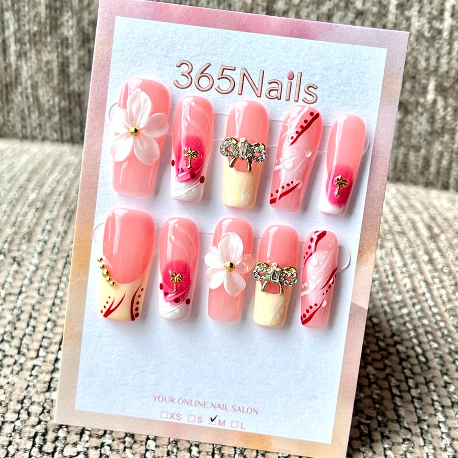 365nails: "Blush Petal & Bow" – Handmade Medium Square Press-On Nails