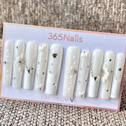 365nails: "Flor Branca Elegante Strass Longo" – Unhas Postiças Longas Trapezoidais Feitas à Mão