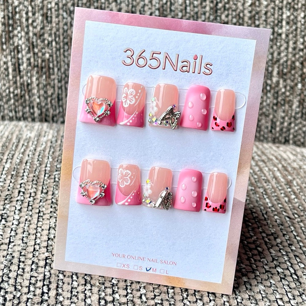 365nails: "Dégradé Rose, Papillon, Cœur, Strass, Léopard, Pois" – Sweet Multi-Décor Fait Main Ongles Mi-Longs Forme Carrée