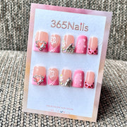 365nails: "Dégradé Rose, Papillon, Cœur, Strass, Léopard, Pois" – Sweet Multi-Décor Fait Main Ongles Mi-Longs Forme Carrée