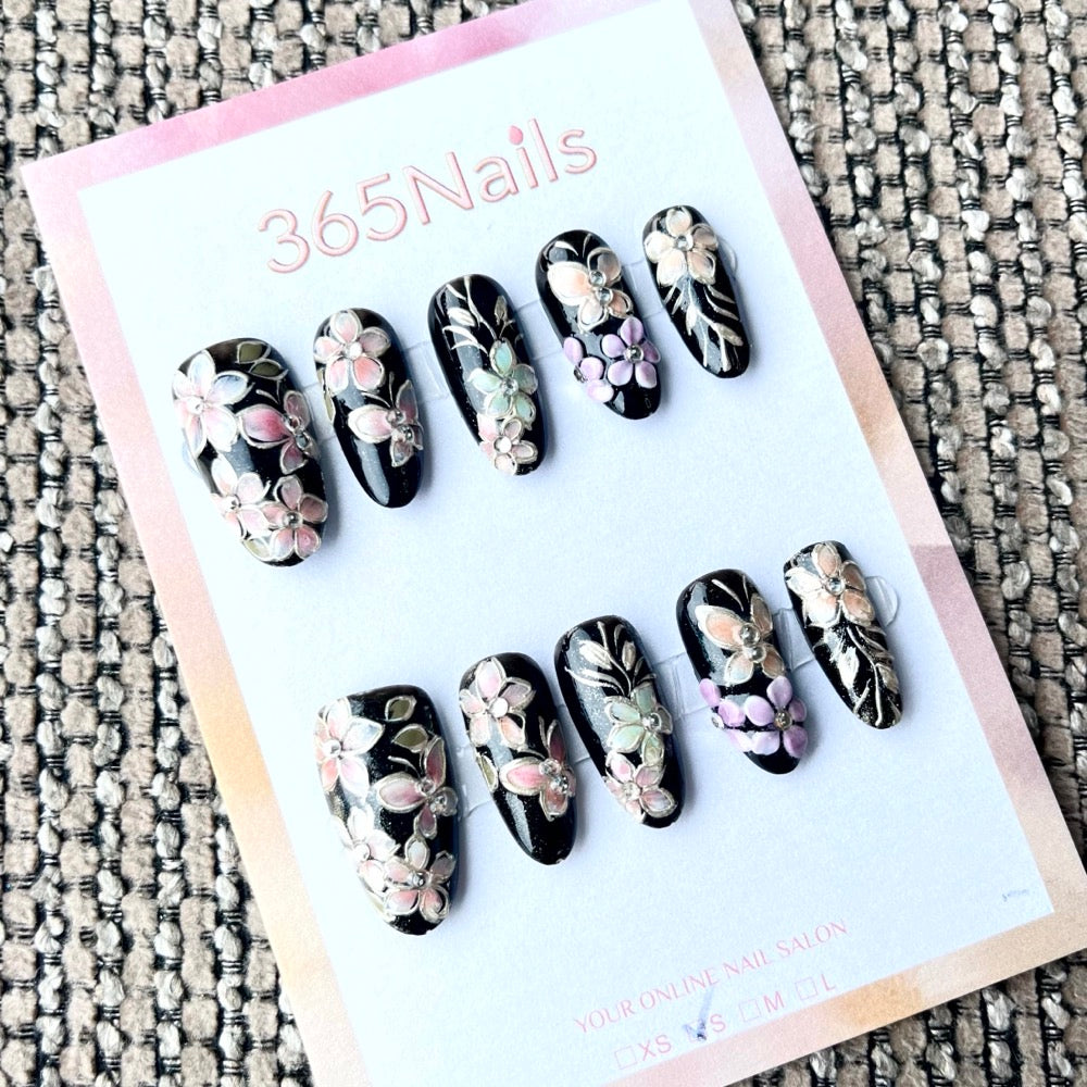 365nails: "Midnight Bloom" – 3D Floral Handmade Long Coffin Nails