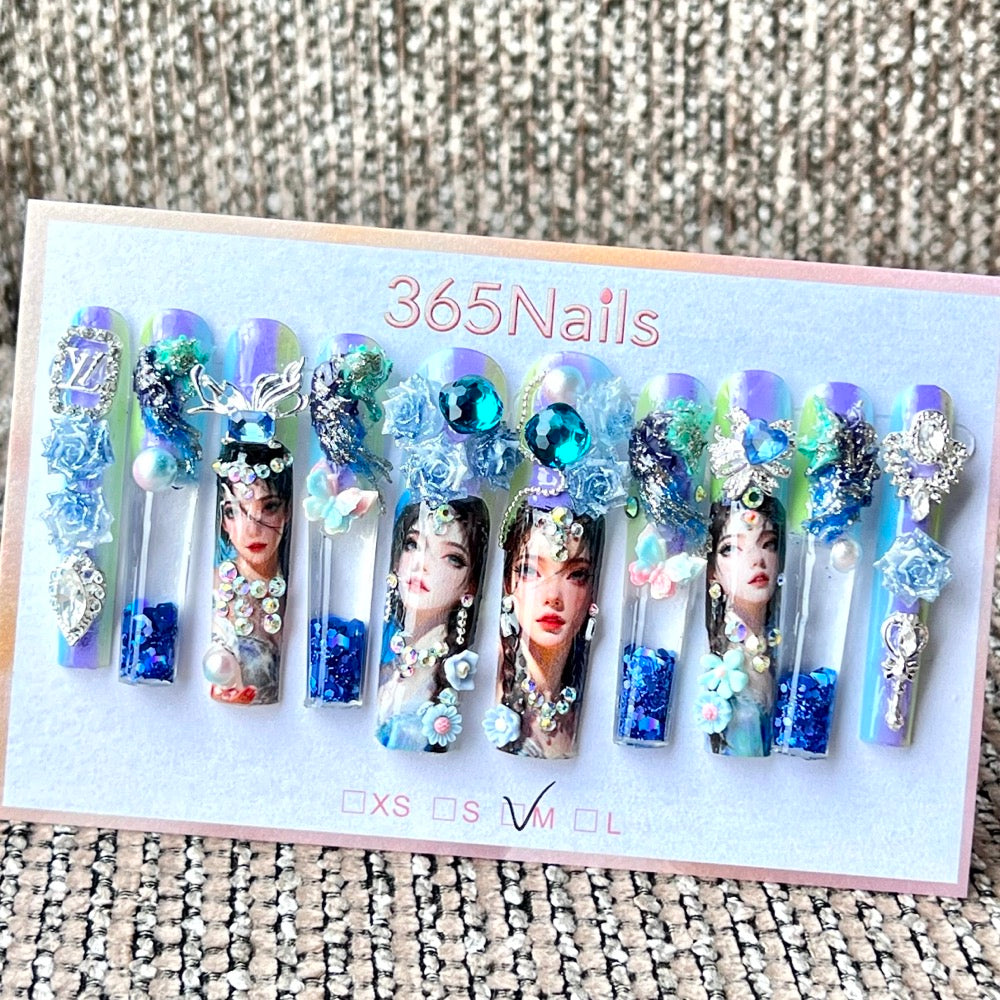 365nails: "Ocean Mermaid Princess" – Handmade Floral Liquid Motion Press-On Long Pipe Nails-5.5cm
