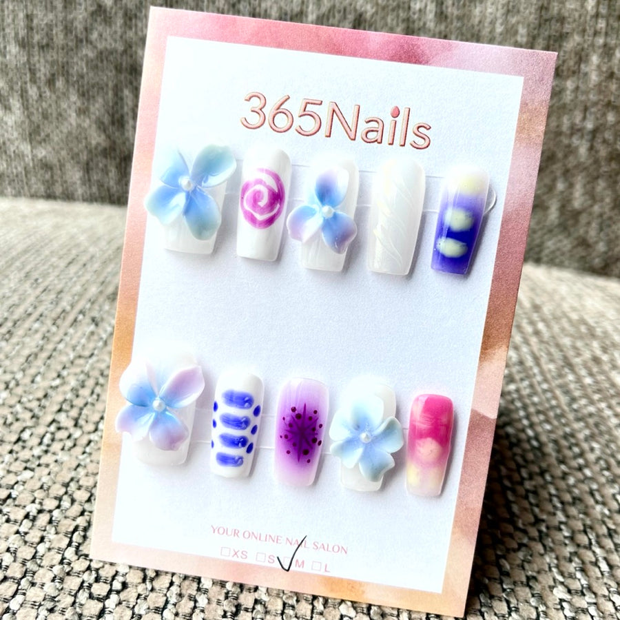 365nails: "Ethereal Bloom" – 3D Floral & Abstract Handmade Almond Nails