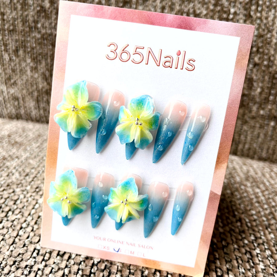 Ocean Bloom: "Aqua Lily" – Long Stiletto Press-on Nails
