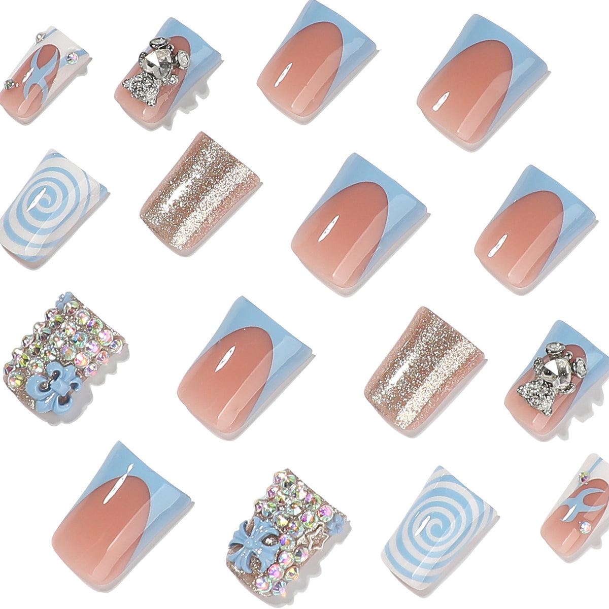Close-up of decorated duck-shaped press-on nails