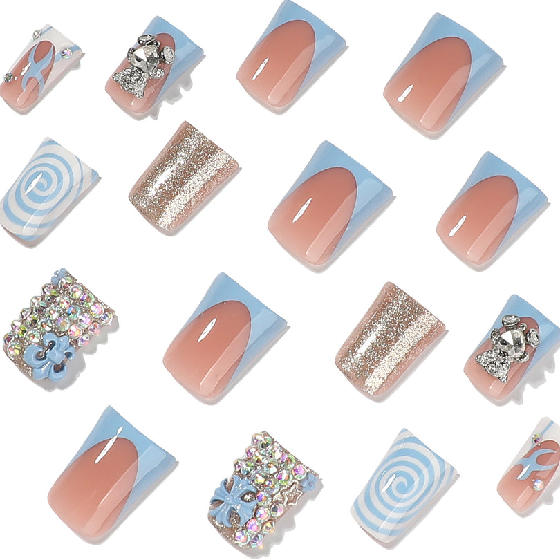 Close-up of decorated duck-shaped press-on nails