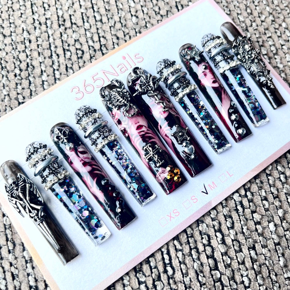 365nails: "Gothic Noir" – 3D Character Art Handmade Coffin Nails-5.5cm