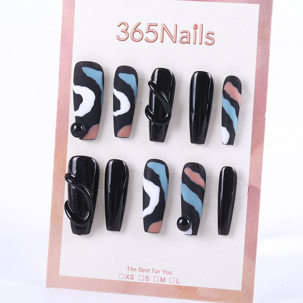 Black White Blue Peach Press-On Nails with Abstract Wavy Design