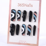 Black White Blue Peach Press-On Nails with Abstract Wavy Design