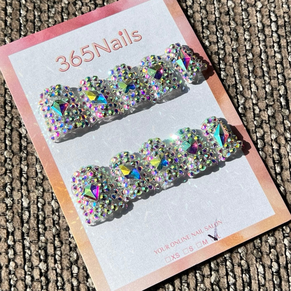365nails: "Prismatic Dazzle" – 3D Crystal & Rhinestone Handmade Short Square Nails