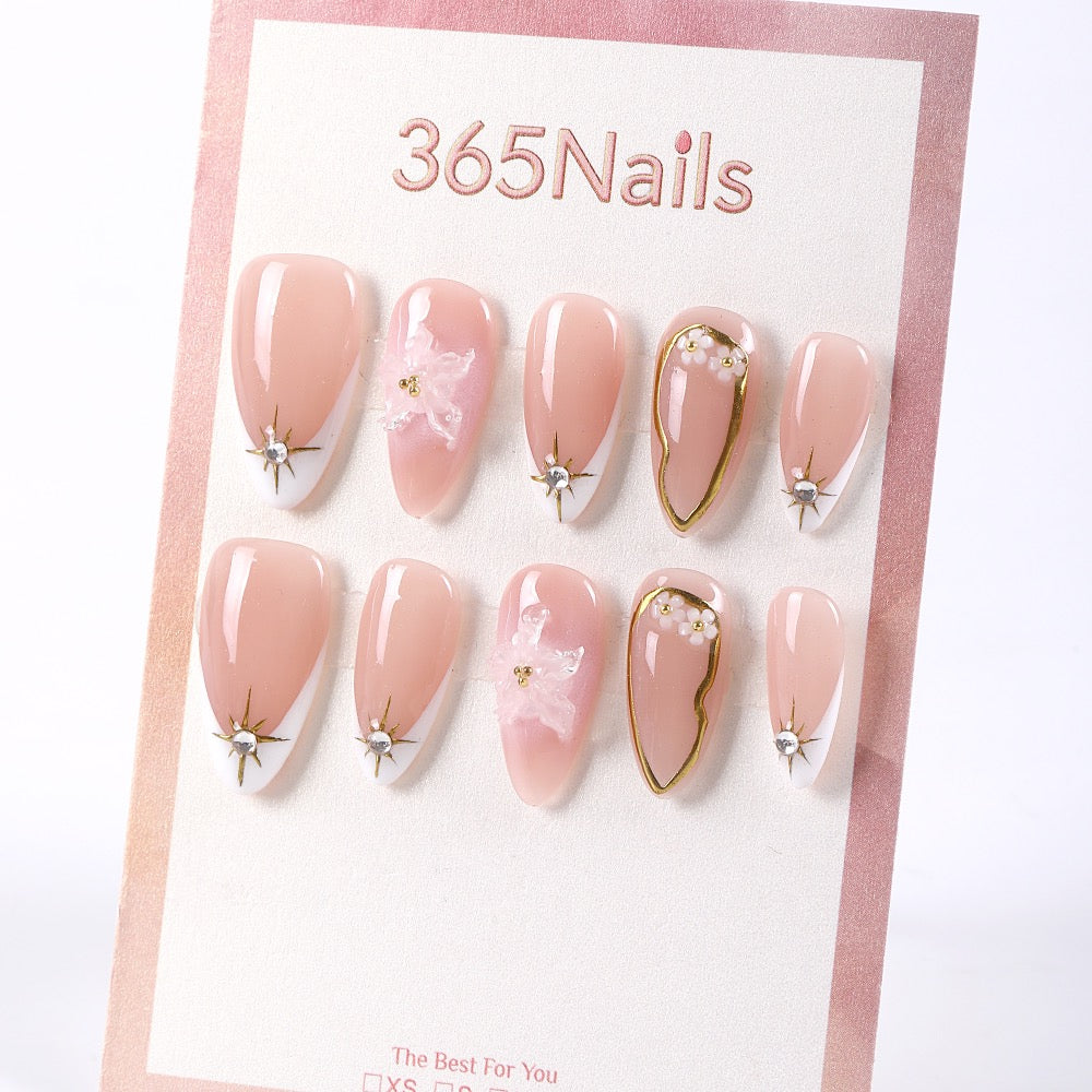 365Nails Nude-Peach French with Gold Framed Buds and Star Rhinestones Press-On Nails