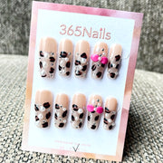 365nails: 와일드 하트 – 3D 리본 & 레오파드 프린트 수제 아몬드형 프레스온 네일