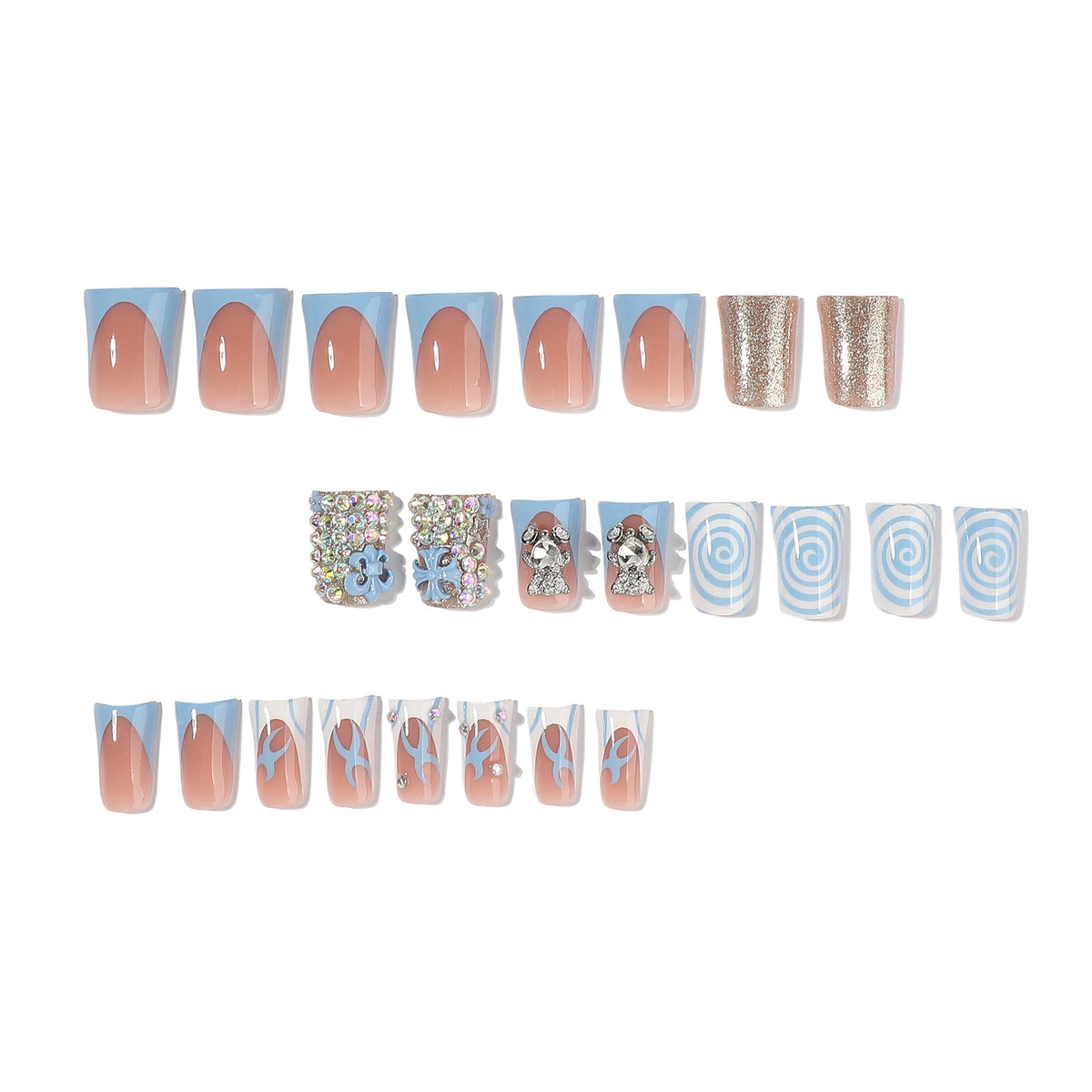 Set of 24 blue, nude, and glitter press-on nails