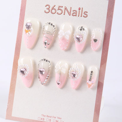 365Nails Milky White x Baby Pink Ombre with Pearl-Trim Hearts, Rhinestones and 3D Bows Press-On Nails