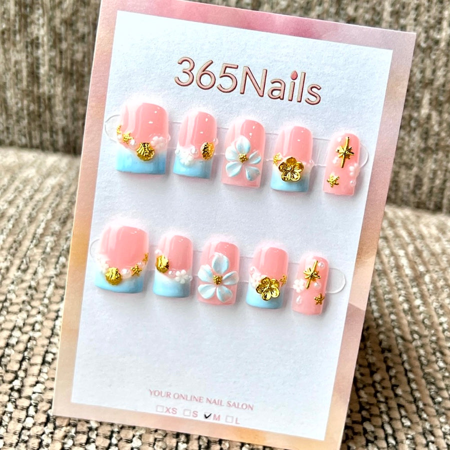 "Pink Blue Ocean Shell" - Wholesale Ultra-Soft Flexible Fit Handmade Nails (MOQ=100)