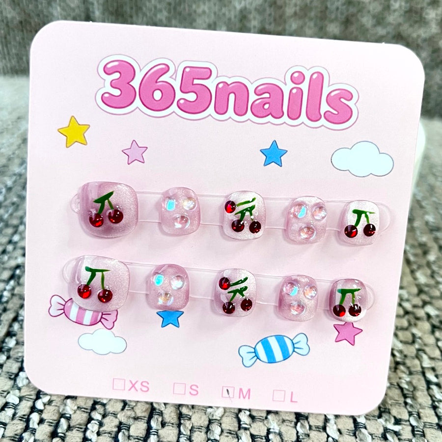 365nails: "Cherry Crystal" – 3D Fruit & Rhinestone Handmade Short Square Nails