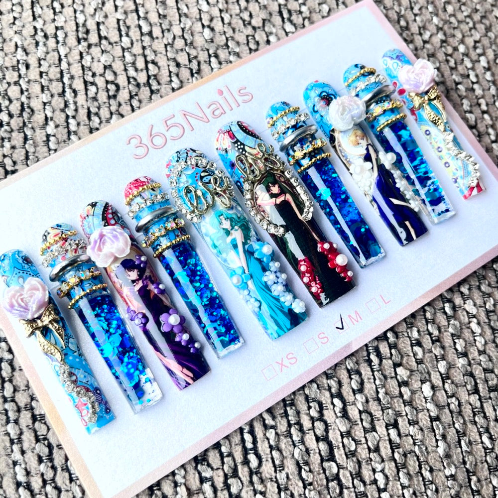 365nails: "Azure Dynasty" – 3D Figure Art Handmade Coffin Nails-5.5cm