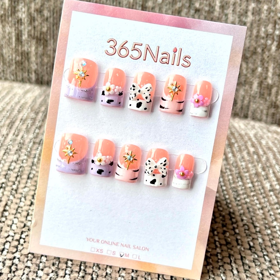 "Peach Purple Cow Print Bow Star" - Wholesale Ultra-Soft Flexible Fit Handmade Nails (MOQ=100)
