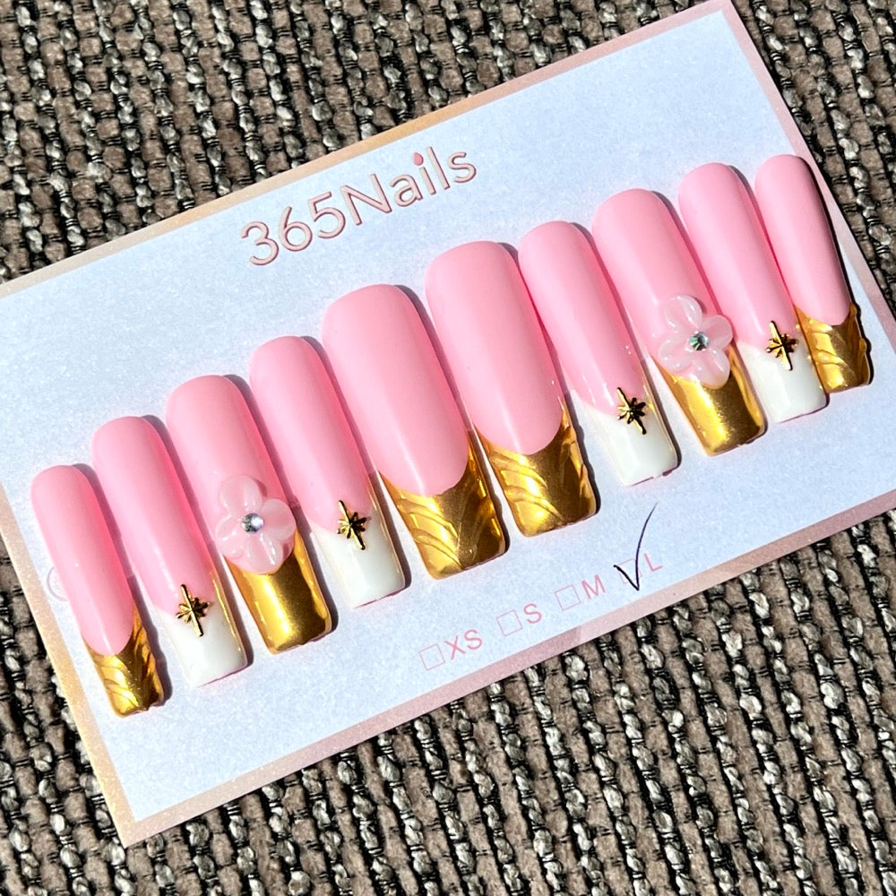 365nails: "Golden Leaf" – 3D Floral Handmade Coffin Nails