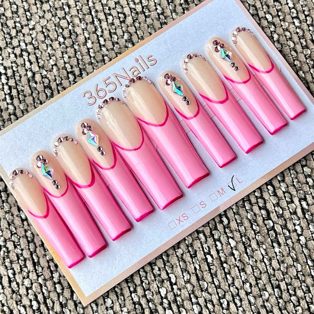 365nails: "Electric Doll" – 3D Gem French Tip Handmade Press on Nails Long Square Nails
