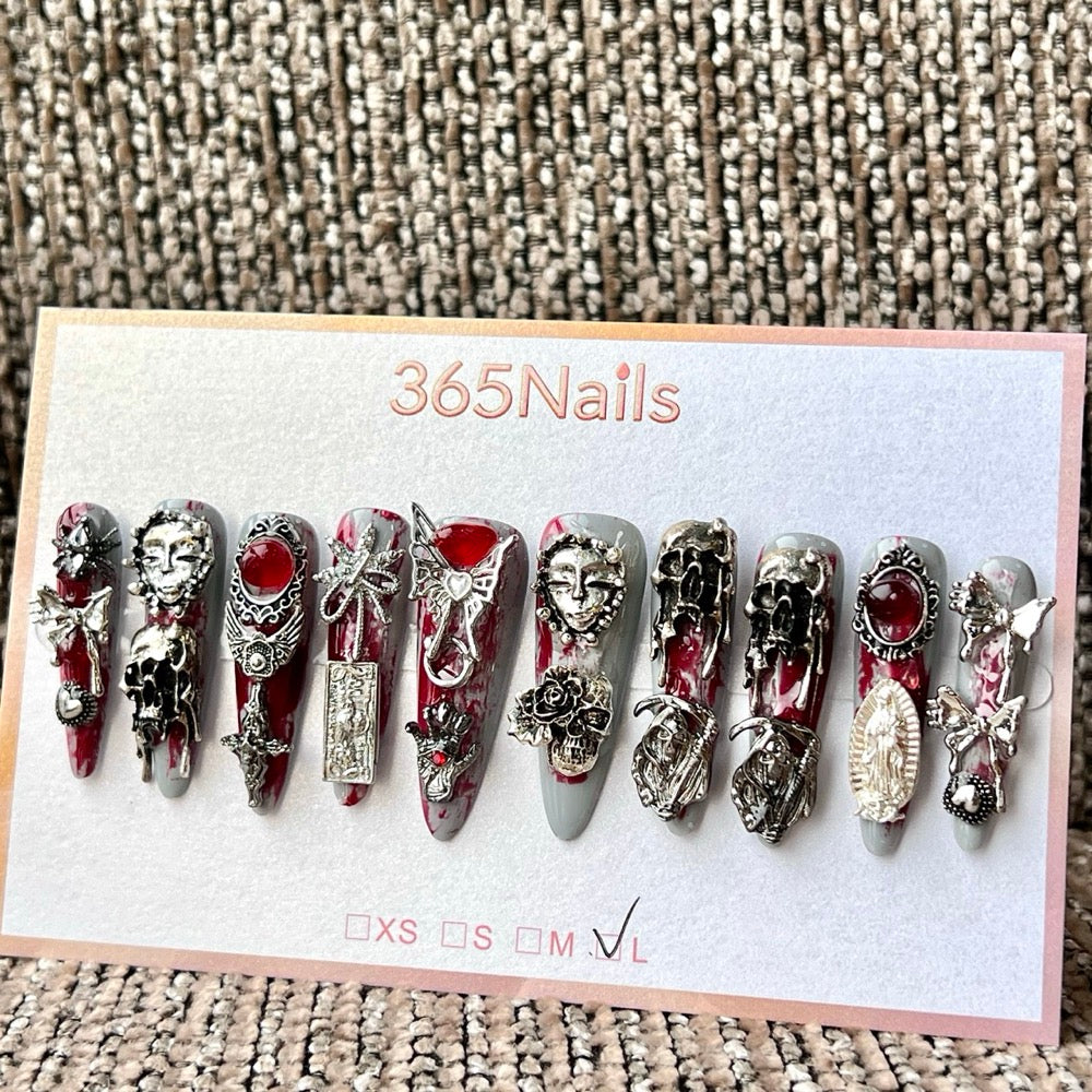 365nails: "고딕 블러드 로맨스" – 수제 울트라 롱 스틸레토형 프레스온 네일