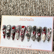 365nails: "고딕 블러드 로맨스" – 수제 울트라 롱 스틸레토형 프레스온 네일