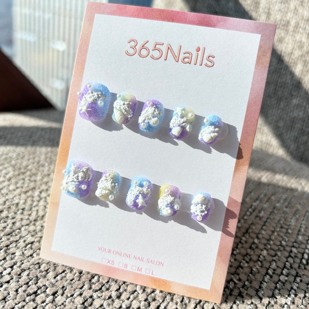 Sweet & Dopamine: "Mermaid's Sugar Beach" – Purple & Blue Gradient Sugar Texture, 3D Sea Foam, Pearls & Starfish Short Nails