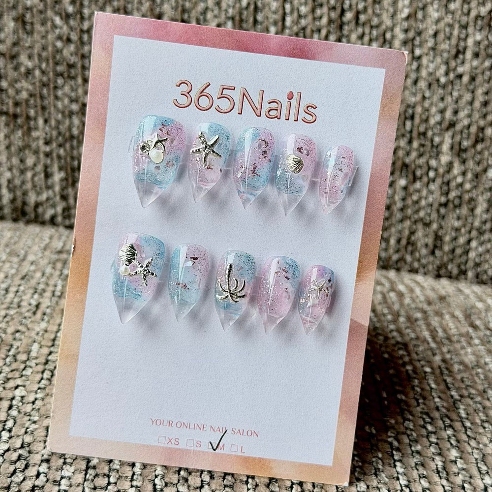 365nails: "Ocean Mermaid Starfish Shell" – 3D Sea Metal Charm Handmade Long Stiletto Nails
