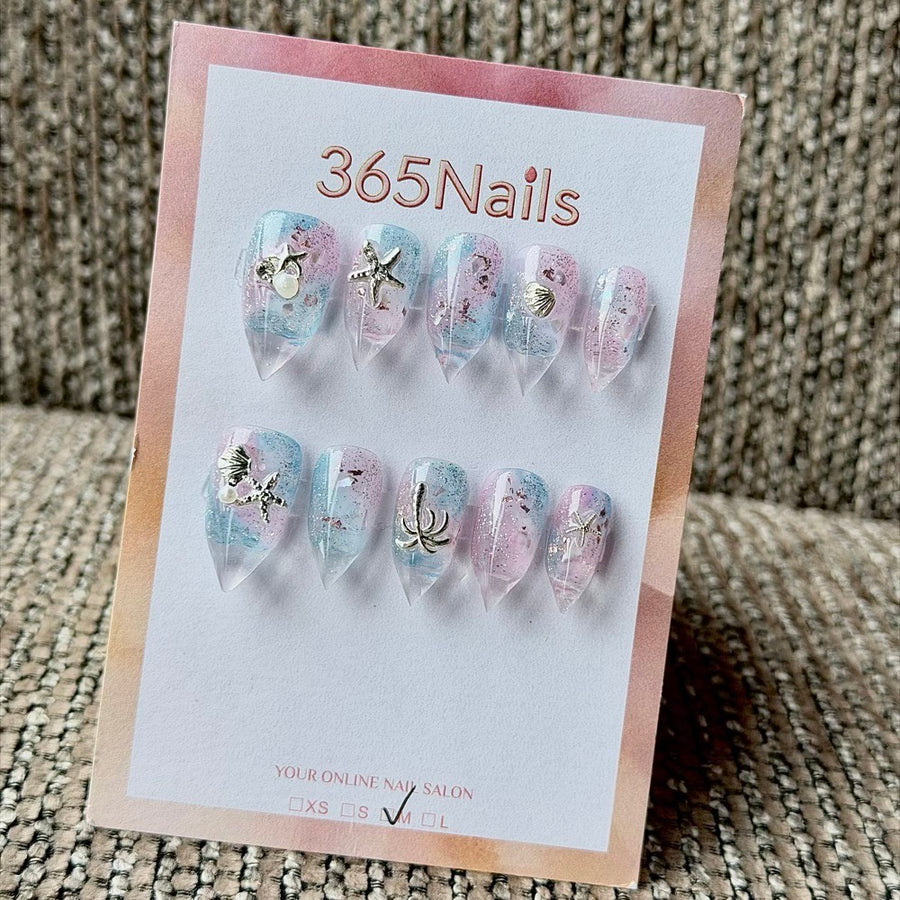 365nails: "Ocean Mermaid Starfish Shell" – 3D Sea Metal Charm Handmade Long Stiletto Nails