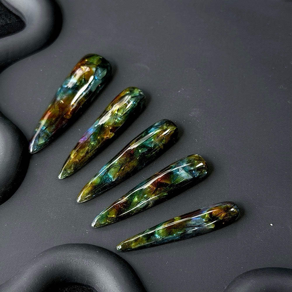 Handmade Long Stiletto Press-On Nails with Green and Brown Glass Design