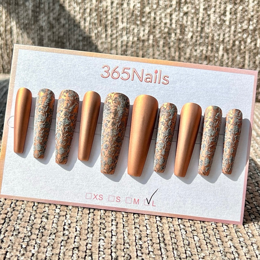 365nails: "Bronze Floral Lace" – Matte Bronze & Silver Lace Print Handmade Coffin Nails