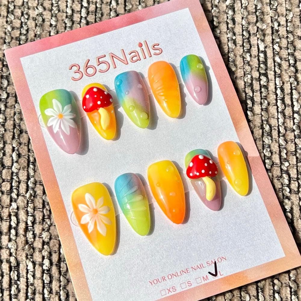 365nails: "Fairy Tale Mushroom Daisy" – 3D Mushroom & Daisy Handmedium Stiletto Press-On Nails