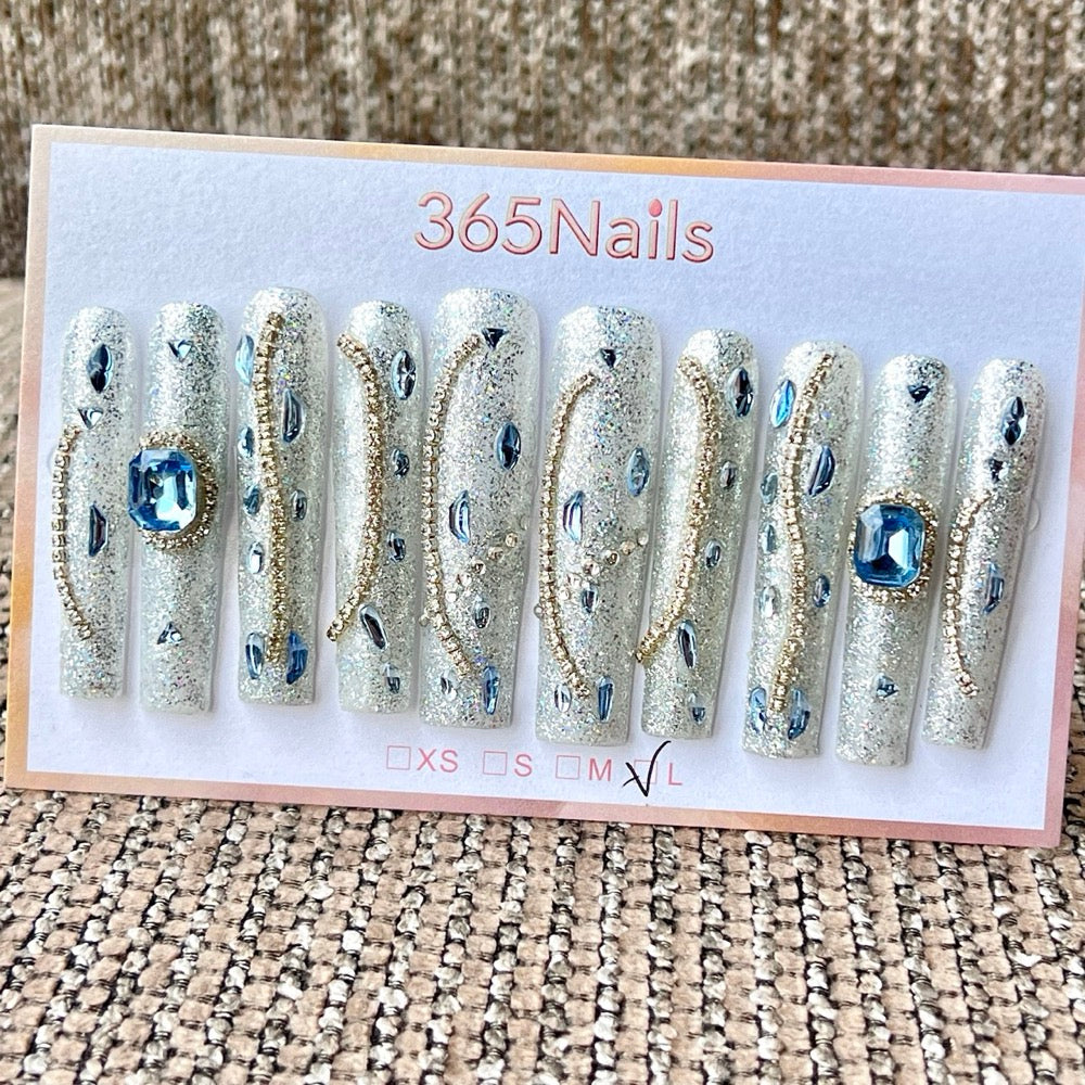 365nails: "Glacial Royalty" – 3D Crystal Chain Handmade Press on Nails Long Coffin Nails