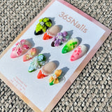 Handmade "Tropical Garden" Mixed Shape 3D Floral Press-on Nails | Dew Drops & Pearl French | Neon & Pastel | 10pcs Set
