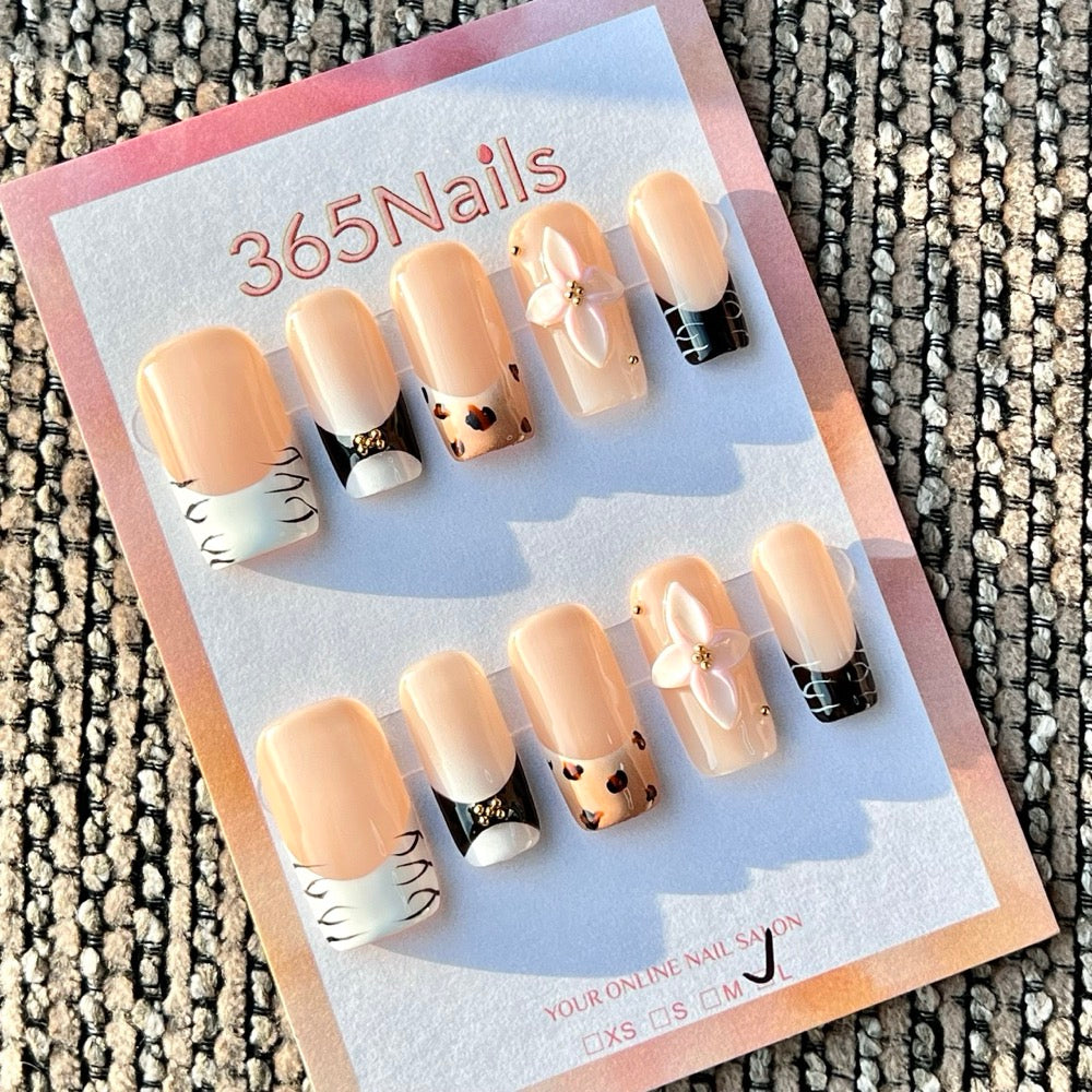 365nails: 누드 믹스 팁 플라워·호피 수제 미디엄 스퀘어형 프레스온 네일