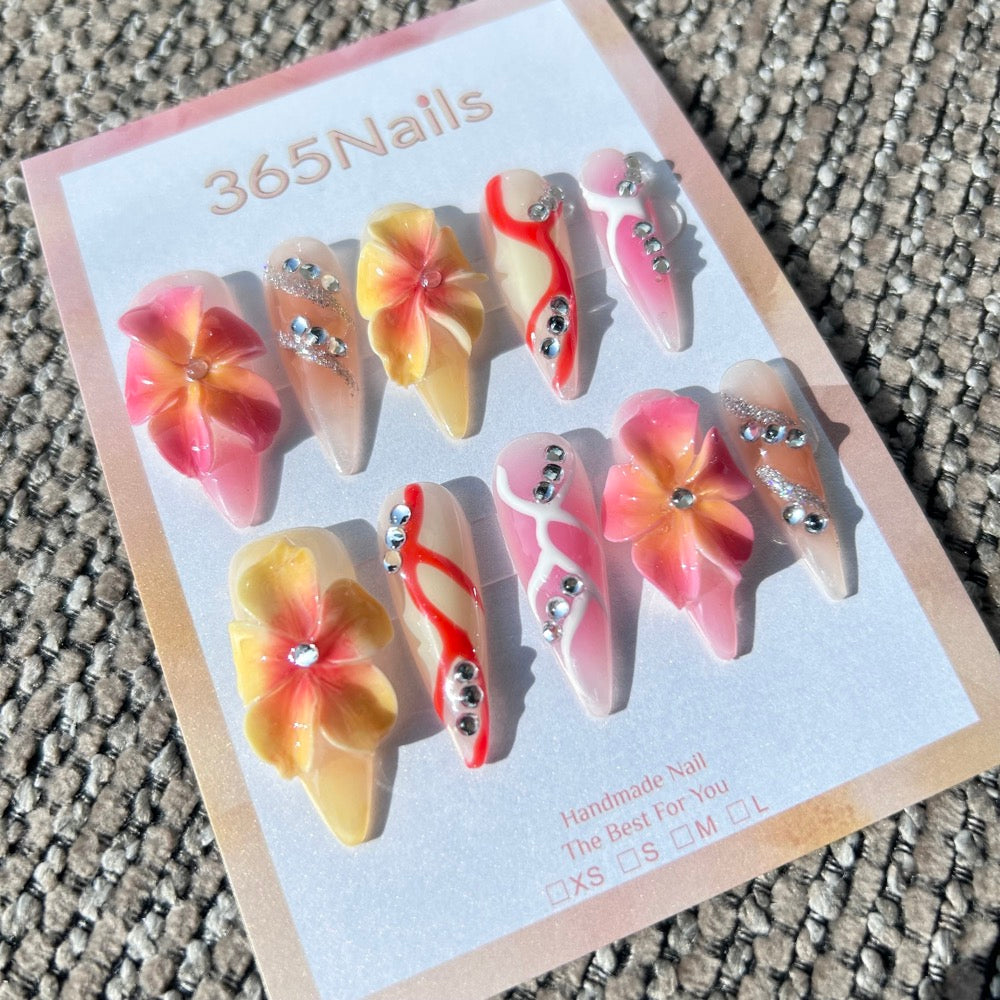 Sculpted Flora: "Tropical Sunset Cocktail" – 3D Pink & Yellow Hibiscus with Abstract Swirls Stiletto Nails