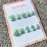 Sweet & Dopamine: "Minty Star & Moon Tale" – Mint Green Gradient, Sugar Glitter Texture, 3D Butterfly, Moon & Tulip Press-on Nails