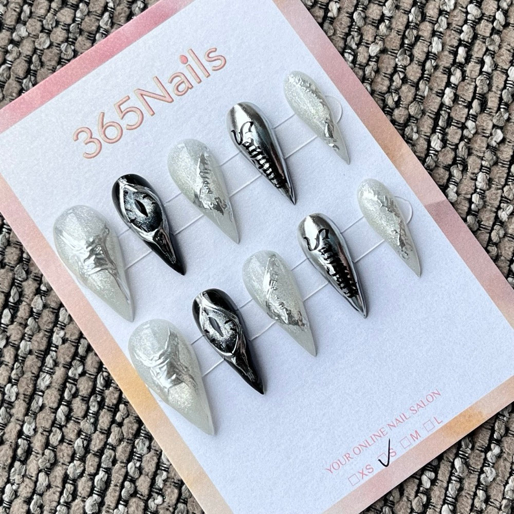 Black and Silver Stiletto Press-On Nails with Graphic & Metallic Details
