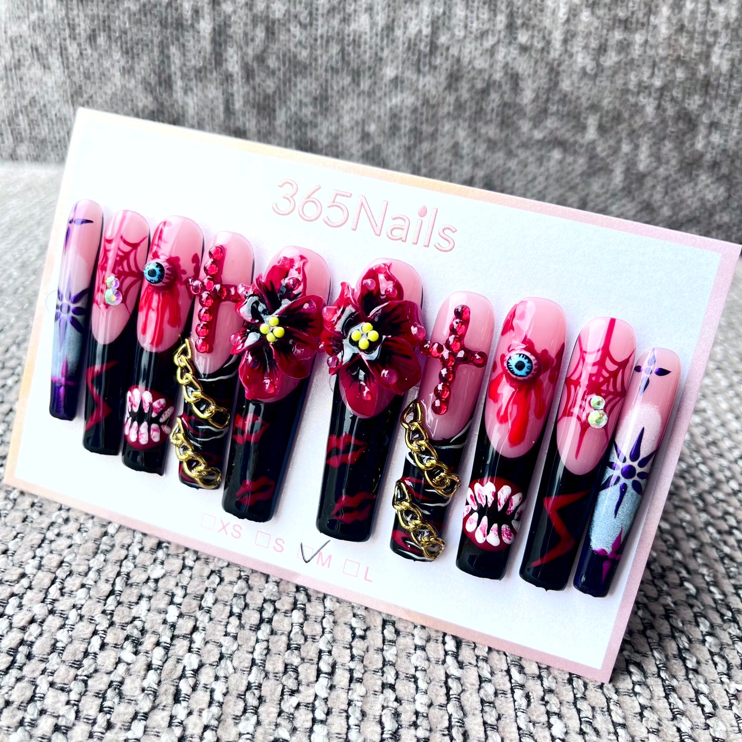 365nails: "Gothic Doll" – 3D Flower & Chain Handmade Long Coffin Nails