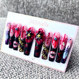 365nails: "Gothic Doll" – 3D Flower & Chain Handmade Long Coffin Nails